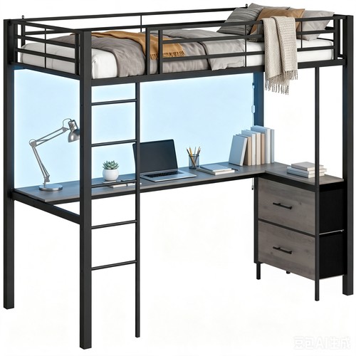 Metal bunk bed with desk - desk,, high